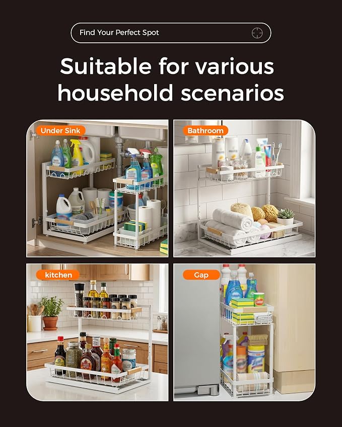 3-Pack 2-Tier Height Adjustable Under Sink Organizer, White | Multi-purpose metal storage shelf with sliding shelves for kitchen, bathroom, pantry & laundry cabinet