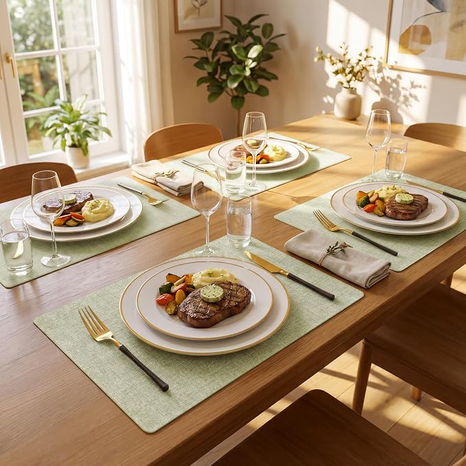 Romanstile Vinyl Placemats Set of 8-12 X 17 Inch - Faux Leather 100% Waterproof Wipeable Anti Slip Place Mats, Heat Resistant Reversible PU Table Mats for Kitchen Dining Party Outdoor, Grass Green