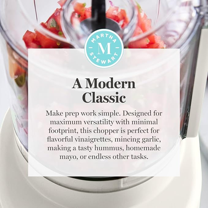 Martha Stewart 3 Cup Electric Vegetable Chopper, Mini Food Processor, Linen | 24oz BPA-Free Bowl, Stainless Steel Blades, Pour Spout, Dice, Puree, Mince, Chop Vegetables & Herbs, Dishwasher-Safe Parts