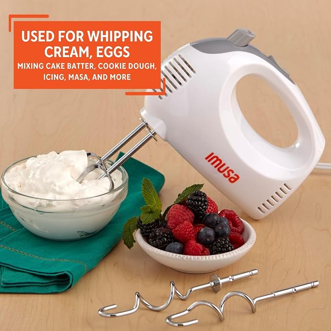 IMUSA USA Hand Mixer with Case 5-Speed ,White, Small | Ideal for Mixing and Blending Tasks