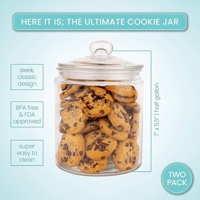 Set of 2 Glass Jar with Lid (2 Liter) | Airtight Glass Storage Cookie Jar for Flour, Pasta, Candy, Dog Treats, Snacks & More | Glass Organization Canisters for Kitchen & Pantry | 68 Ounces