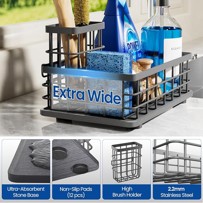 Kitchen Sink Caddy Organizer with Sponge & Brush Holder, Stone Drying Mat | Extra-Large Kitchen Countertop Organizer, Stainless Steel Kitchen Sink Accessories with Quick-Dry Soap Tray for Fewer Stains.