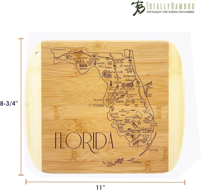 Totally Bamboo A Slice of Life Florida Engraved Map Cutting Board | 11” x 8.75” charcuterie board with engraved state map artwork. Smooth reverse side for food prep. Hang tie for wall display.