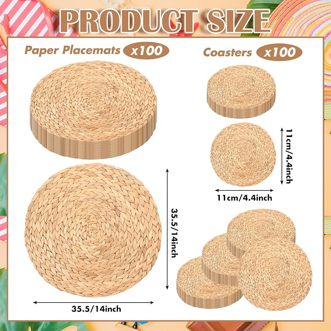 Geosar 200 Disposable Paper Placemats and Coasters Set Paper Woven Placemat with Coasters Outdoor Indoor for Farmhouse Rustic Dining Table Decoration Shower Birthday