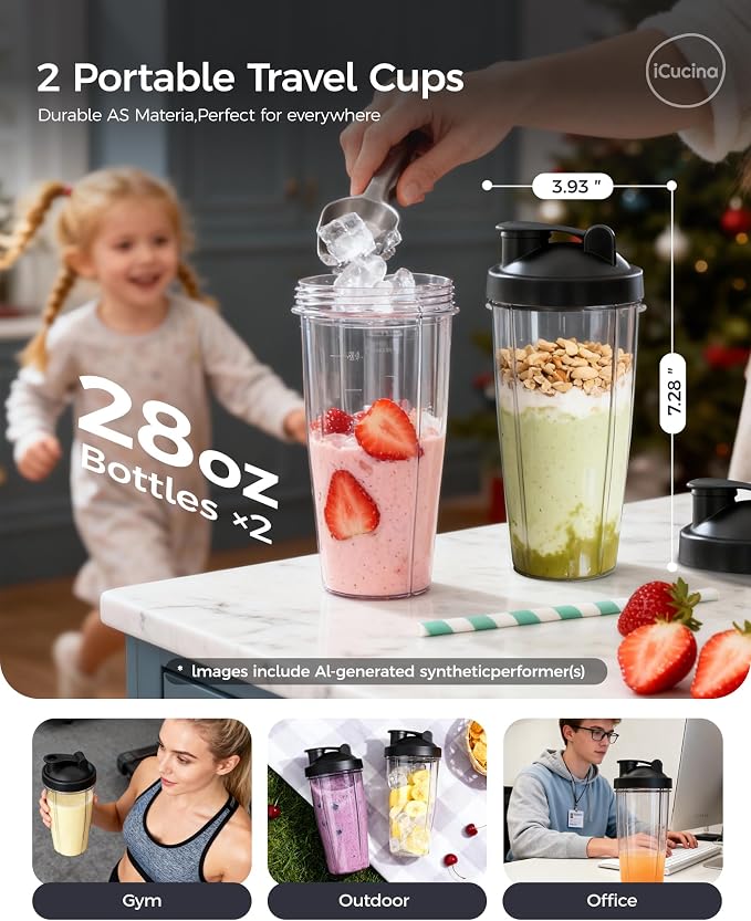iCucina Smoothie Blender, Personal Blender for Shakes and Smoothies, 700W Pulse Technology Single Serve Blenders with 2 x 28oz Protable Cups for Ice Crush, Frozen Fruit Drinks