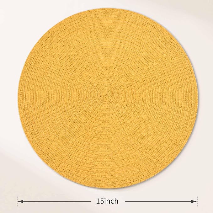 FunWheat Round Braided Placemats Set of 6 Place mats for Dining Tables Woven Heat Resistant Table Mats 15 inch (Yellow,6pcs)