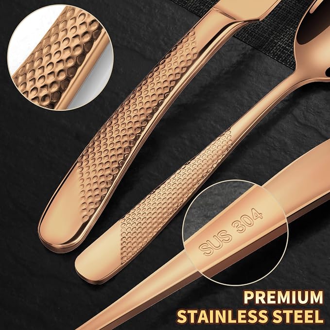 Hammered Rose gold 30 Pieces Set Silverware Set for 6 with Serrated Forging Knives,18/10 Stainless Steel Modern Flatware Set,Unique Cutlery Set,Mirror Polished,Dishwasher Safe