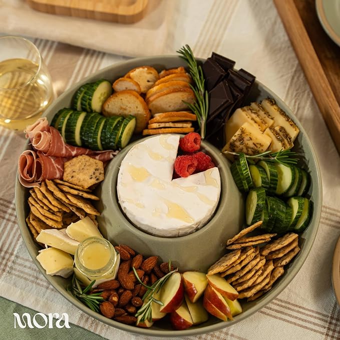 Mora Ceramic Chips and Dip Serving Tray: Large Divided Party Bowl Set for Chips & Salsa, Veggies & Dip, Fruit, Snacks, Entertaining, Hosting, etc. Minimalist Design for the Modern Hostess - Thyme
