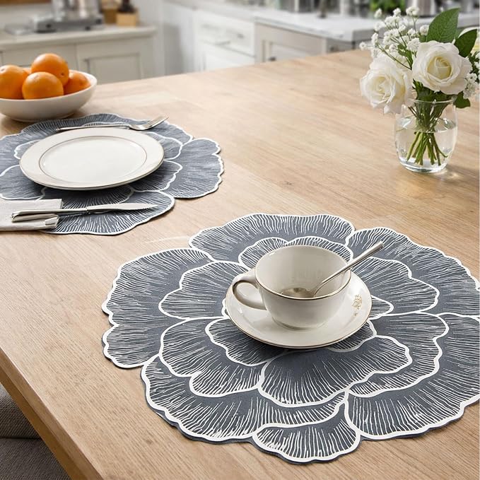 Silver Placemats Set of 6 15 Inch Metallic Pressed Vinyl Flower Place Mats | Non Slip Washable Waterproof PVC DiningTable Mats for Home Kitchen Dinner Party Table Wedding Decoration