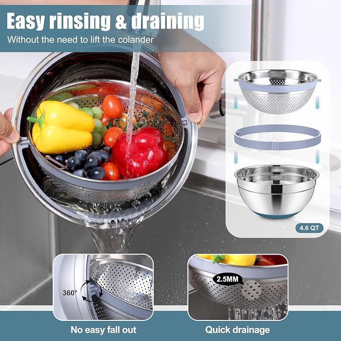 E-far Stainless Steel Mixing Bowls with Lids & Colander, 15PCS | Nesting Mixing Bowl with Non-Slip Bottom & 3 Metal Grater, For Kitchen Prep Baking Storage, 4.6, 3, 1.5, 1, 0.7QT, Blue