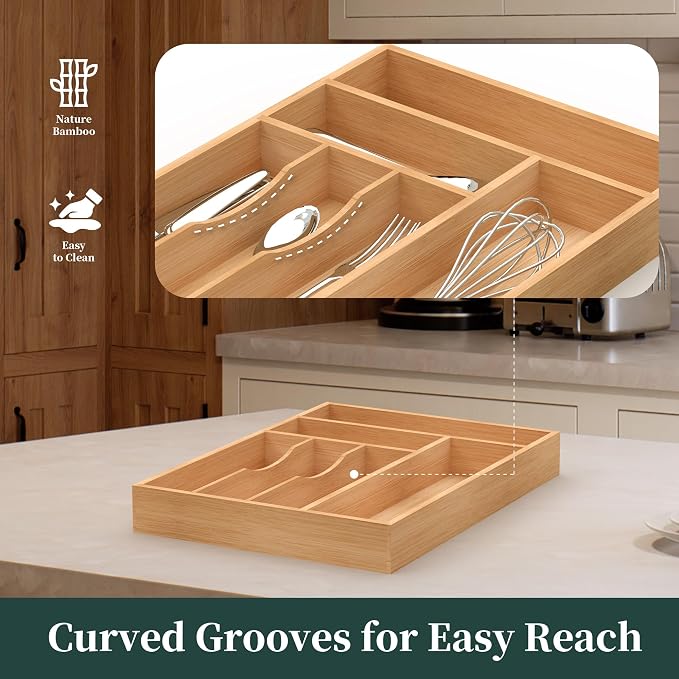 Bamboo Silverware Organizer, Kitchen Drawer Organizer, Utensil Holder, Cutlery Tray & Spoon Flatware Storage with Grooved Drawer Dividers (12''W x 16.5''D)