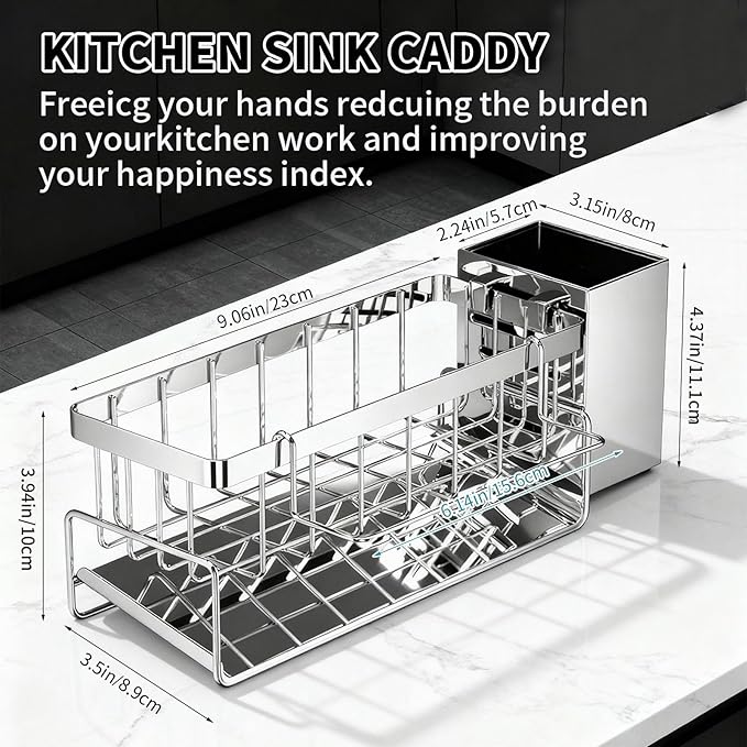HoMaNa Sponge Holder for Kitchen Sink, Stainless Steel Sink Caddy Organizer, 30° Tilt Self-Drainage, Sponge Holder with Dish Brush Holder, Removable Dishcloth Rack for Kitchen Storage Box, Silver
