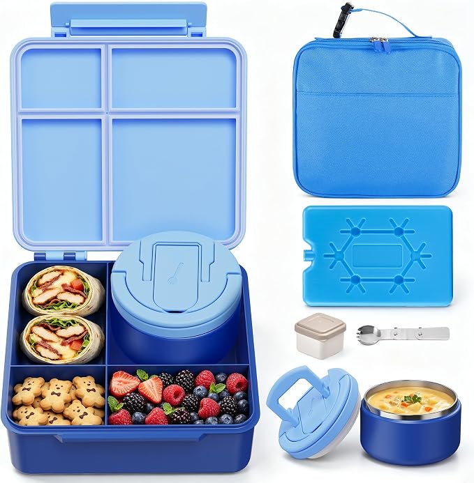 Bento Lunch Box Set with 8 oz Soup Thermo, Kids Leakproof 4 Compartments Hot Food Container with Sauce Cup, Ice Pack and Lunch Bag, Child Insulated Food Jar for School - Blue
