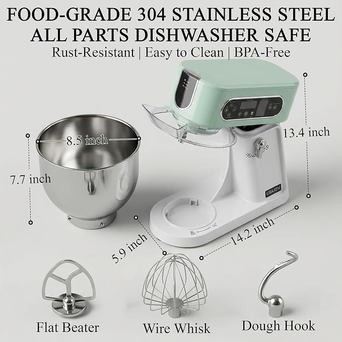 5.3 Qt Tilt-Head Stand Mixer, 9-Speed Electric Food Mixer | 9-Speed Control, Stainless Steel Bowl, Dough Hook Whisk Flat Beater, Splash Guard, Easy Clean, for Home Baking, Spearmint