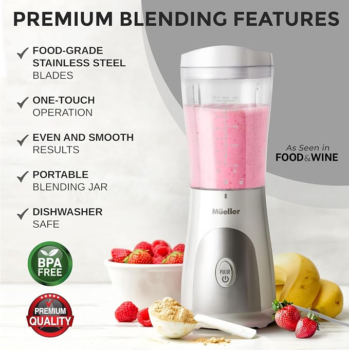 Mueller Heavy-Duty Personal Blender for Shakes and Smoothies with a 15 Oz Travel Cup and Lid, Juices, Baby Food, Portable Blender & Food Processor, White