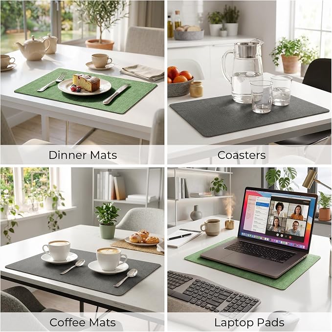 Romanstile Vinyl Placemats Set of 4, Reversible Faux Leather Heat Resistant Wipeable Table Mats, Waterproof Washable Non-Slip Table Placemats for Dining/Kitchen/Outdoor (Grey DarkGreen, 12" x 17")