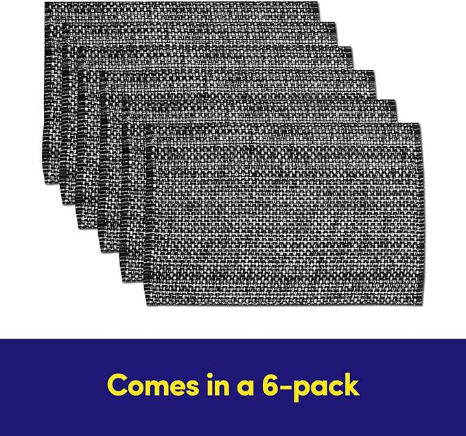 Sweet Home Collection 100% Cotton Placemats for Dining Room Rectangle Two Tone Woven Fabric 13" x 19" Soft Durable Table Mat Set, Set of 6, Black