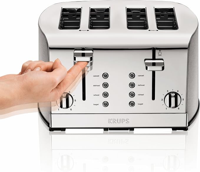 KRUPS: Breakfast Set Stainless Steel Toaster 4 Slice 1500 Watts 6 Brown Settings, Defrost, Reheat, High Lift Lever Silver, Matte and Chrome