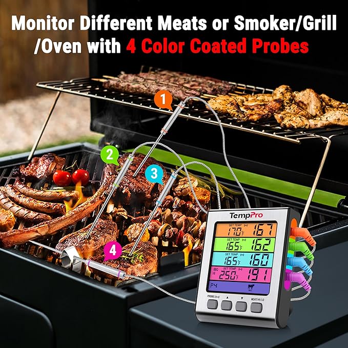 TempPro TempTrack Digital Meat Thermometer with 4 Temperature Probes | HI/Low Alarm Smoker Food Thermometer with Colored Backlit LCD, BBQ Thermometer for Cooking Grill Kitchen Oven