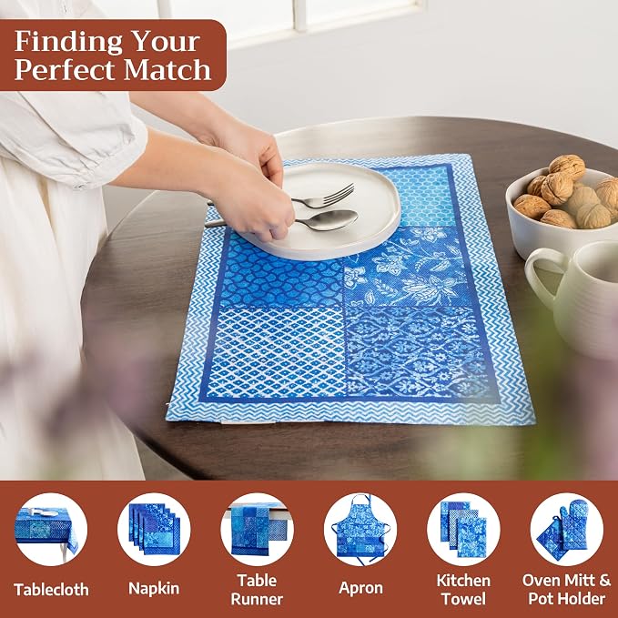 Maison d' Hermine Placemats Set of 4 Reusable 100% Cotton (13"x19") | Cloth Place Mats Washable Table Mats for Kitchen Dining Party Wedding Hotel Home Restaurant Spring Summer - Indigo Love