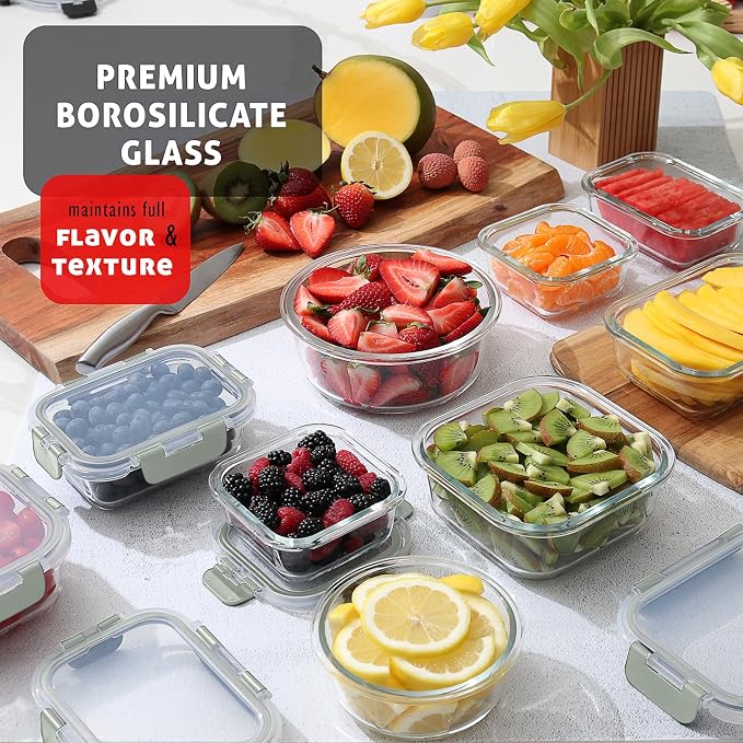 EATEX 16pc Glass Storage Containers with Lids, 8 Glass Food Storage Containers with 8 Airtight Lids for Pantry & Kitchen, Meal Prep Containers for Lunch, Oven Freezer Microwave & Dishwasher Safe