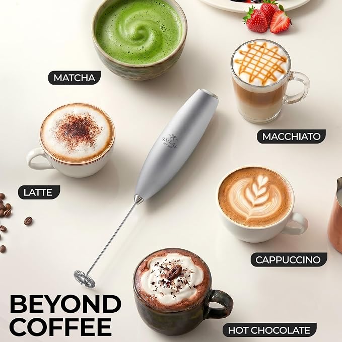 Zulay Powerful Milk Frother for Coffee with Upgraded Titanium Motor - Handheld Electric Whisk, Milk Foamer, Mini Mixer & Coffee Blender for Frappe, Latte, Matcha, No Stand - Beta Silver