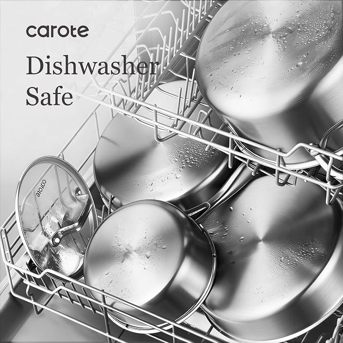 CAROTE 3-Piece Tri-Ply Stainless Steel Frying Pan Set, Skillet Set 8"/10"/12", Induction Compatible, Oven & Dishwasher Safe, Silver Handle