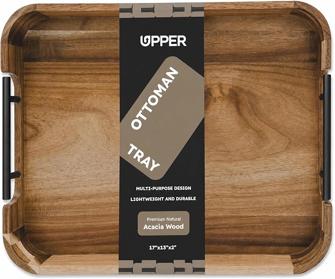 Upper Acacia Wood Ottoman Tray 17x13 Inches with Handles, Decorative Serving Tray for Coffee Table, Breakfast Tray with Anti-Skid Pads (Black Handle 01)