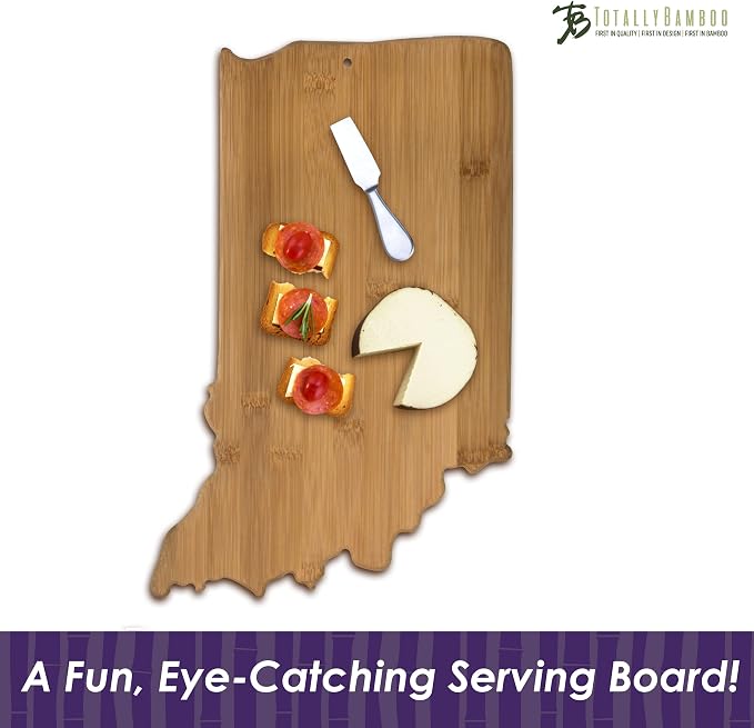 Totally Bamboo Indiana State Shaped Bamboo Serving and Cutting Board | State charcuterie board with natural bamboo grain. Knife-friendly surface for food prep. Hang tie for wall display.