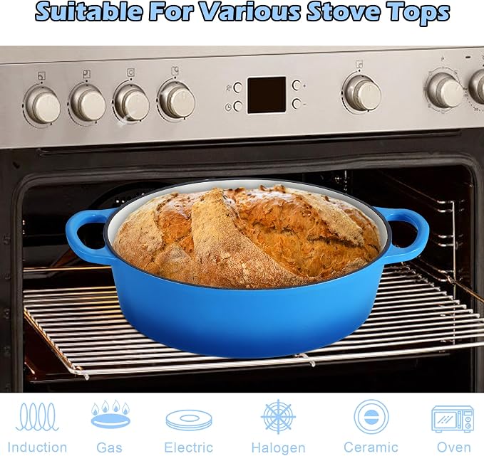 TeamFar 7QT Oval Dutch Oven, Enameled Cast Iron Dutch Oven Pot with Lid | For Bread Baking/Stewing/Braising/Frying, Suitable for Various Stoves, Non-stick & Easy Clean, Blue