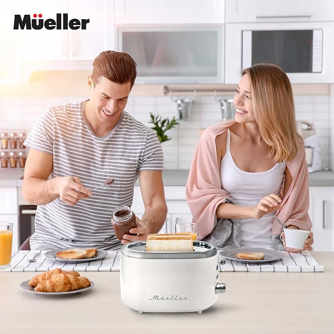 MUELLER HOME Retro Toaster 2 Slice, 7 Browning Levels | 3 Functions (Reheat, Defrost, Cancel), Stainless Steel Features, Removable Crumb Tray, Under Base Cord Storage, White