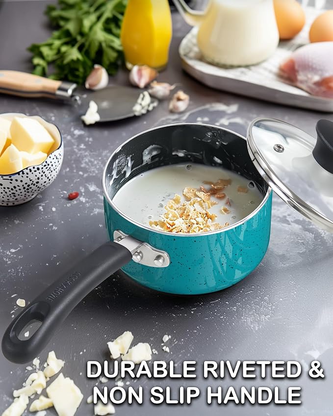 Cook N Home Basic 2 Quart Nonstick Saucepan with Glass Lid, Small Non Stick Aluminum Sauce Pan, Multi-Purpose Milk Chocolate Cooking Pot with Stay-Cool Handle, Turquoise | Nonstick Aluminum Sauce Pan, Multi-Purpose Milk Chocolate Cooking Pot with Stay-...