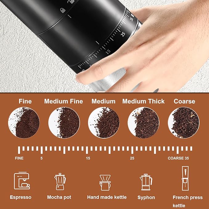 Portable Electric Coffee Grinder with 38 Adjustable Grind Settings – USB Rechargeable Stainless Steel Conical Burr, Coffee Bean Grinder for Espresso, French Press, Travel, Camping, Home & Office Use