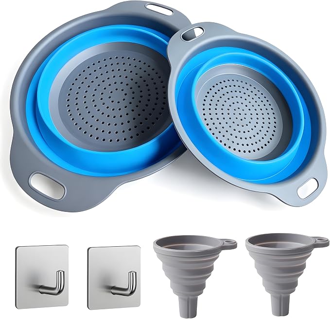 UVB Collapsible Colander Set, Foldable Kitchen Strainer for Pasta, Vegetables & Fruit, Complete Kitchen Set with 2 Stainless Steel Hooks & 2 Silicone Funnels – Blue