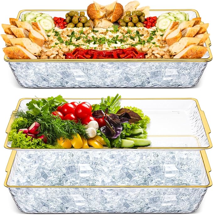 2 Set 16" x 9" Chilled Serving Tray with Compartments,Gold Rim | Ice Chilled Party Platter, Charcuterie Serving Board, Cold Dish Dip Tray for Fruit, Seafood, Vegetable, Appetizer