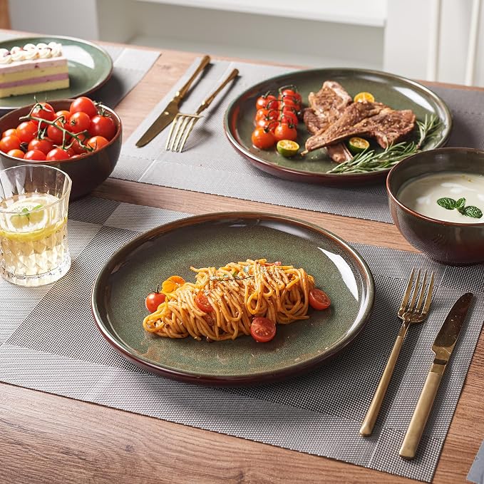 24 Piece Dinnerware Sets for 8, Modern Stoneware Plates and Bowls Setst, Perfect for Family Gatherings & Holiday Celebrations, Easy Cleaning Dishes Set, Stack Compactly Dishware, Brown Green