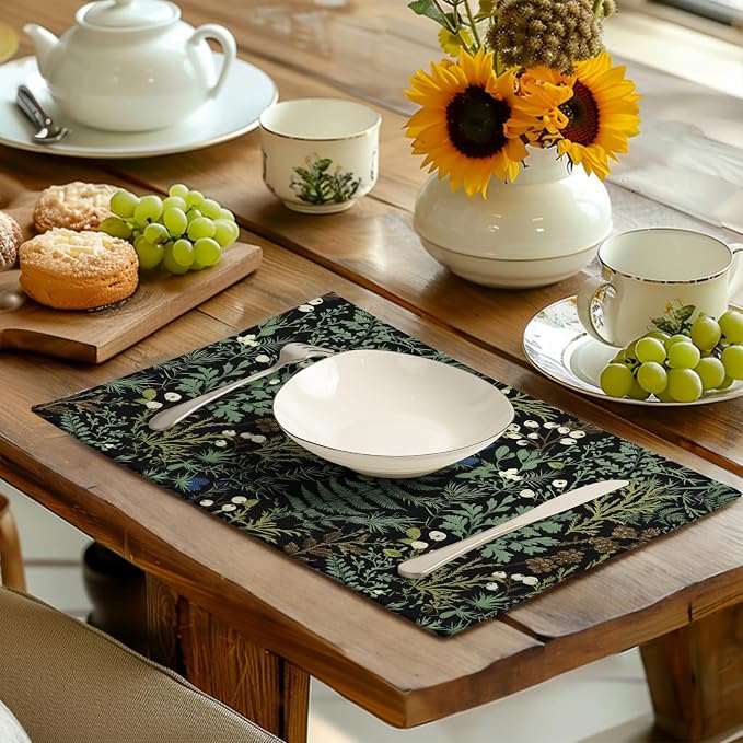 Black Sage Green Leaves Placemats Set of 4 Vintage Botanical Fern Leaf Floral Place Mats Farmhouse Heat Resistant Washable Kitchen Dining Linen Table Mats for Home Party Decor 12x18 Inch