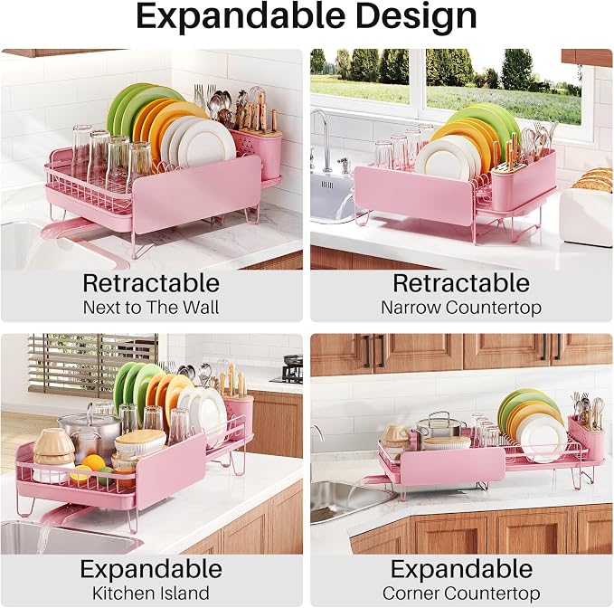 SNTD Large Dish Drying Rack for Kitchen Counter, Expandable, Pink | Stainless Steel Dish Drainer, Adjustable Length 18.9''-29.3'', Automatic Drainage, 360° Spout, Cutlery Holder with Knife Slot