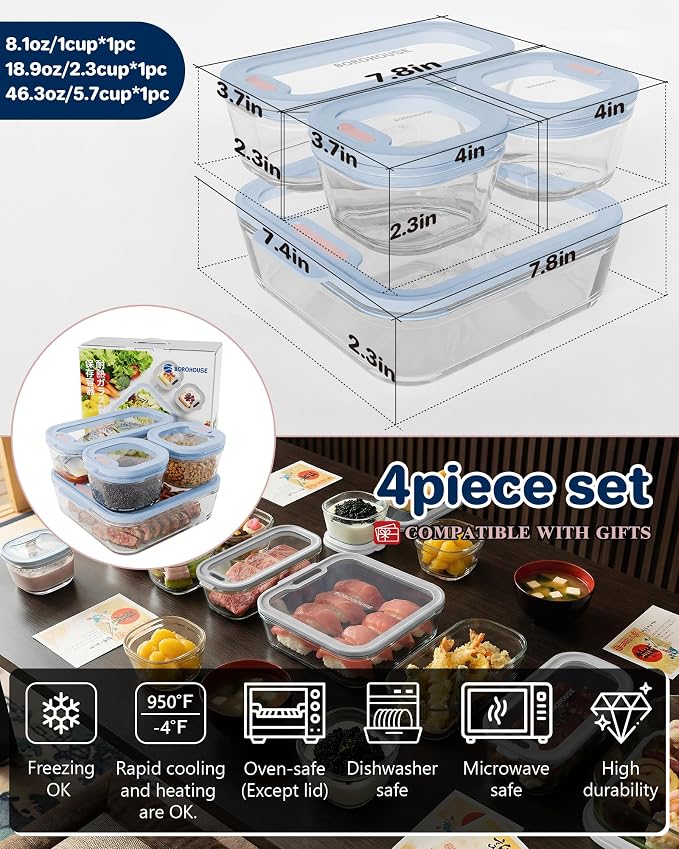 4-Pack Glass Food Storage Containers with Tempered Lids – Borosilicate, Airtight, Oven-Safe (-4°F~950°F), BPA-Free, 1Cup*2 & 2.3Cup*1 & 5.7Cup*1(Light blue)