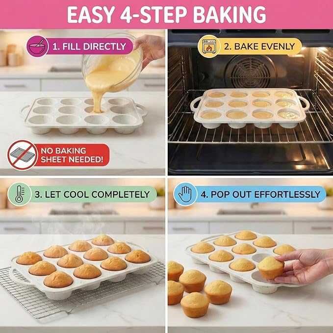 Silicone Muffin Pan for Baking, 1-Pack Regular 12 Cup, BPA-Free | Metal Reinforced Silicone Muffin Pans for Baking, Nonstick Silicone Cupcake Pan, Easy Release Surface, Dishwasher Safe