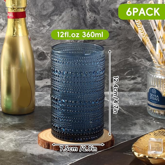 Moretoes 12 Oz Vintage Hobnail Drinking Glasses Set of 6 | Blue Highball Glasses Clear Embossed Boho Water Glass Cups Kitchen Bar Tumbler Glassware Set for Whiskey, Beer, Juice, Milk