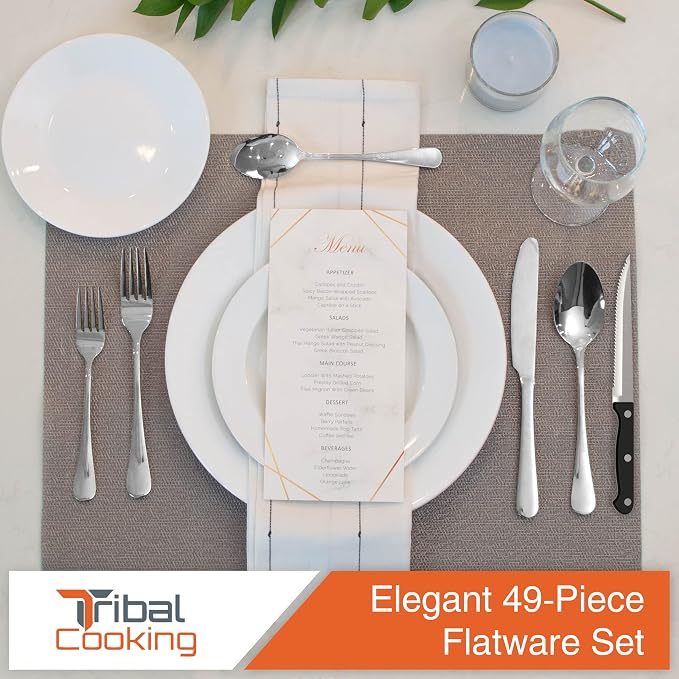 49 Piece Silverware Set - Service for 8 - Stainless Steel Flatware serving set - Cutlery Set - Knife, Fork, and Spoon - Kitchen Utensils set - Dishwasher Safe - Stunning Polished Finish