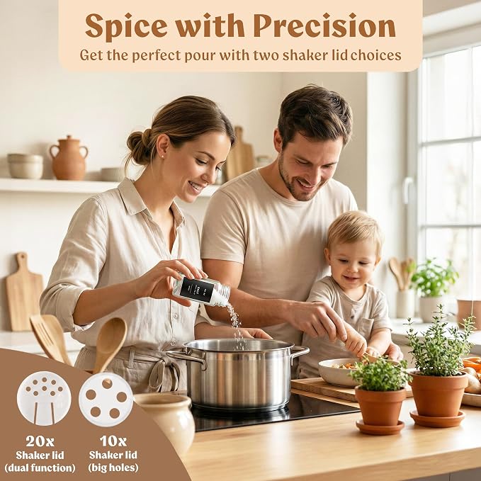 Square Glass Spice Jars (24 x 4oz) with Black Lids + Magnetic Spice Rack for Refrigerator (Fits 12 Jars) + Bonus Slim Auxiliary Rack, 240 Labels, Shaker Inserts, Funnel