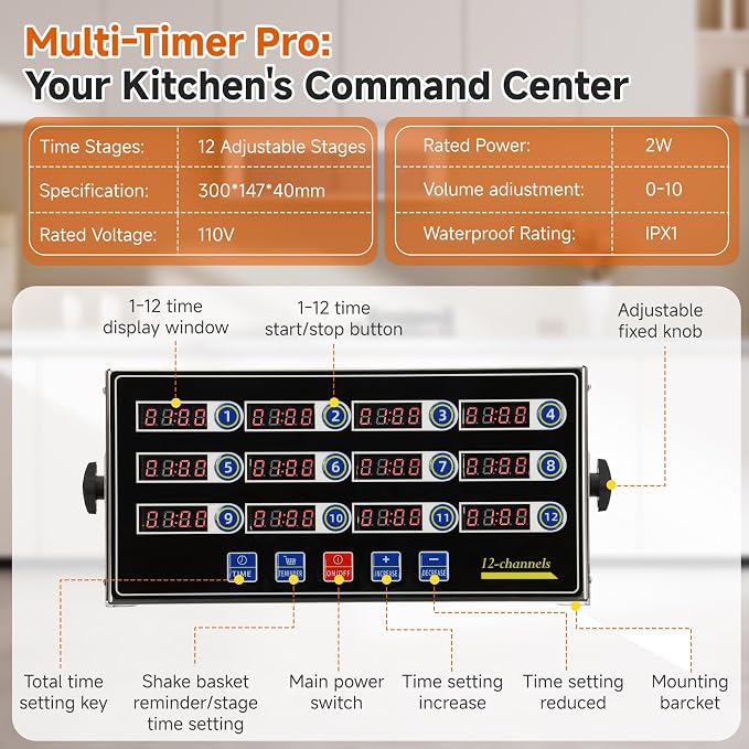 Commercial Kitchen Timer for Cooking, 12 Channel Timer Restaurant Kitchen Supplies, Heavy-Duty Timer - Stainless Steel | Digital LED Technology | Reminder Function | Loud Alarm