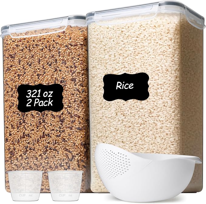 ComSaf Airtight Rice Storage Container with Lid 10Qt 2Pack, Large Capacity | 9.5L Plastic Food Canister, Rice Sugar Flour Cereal Oats Pasta, Pantry Kitchen Cabinet, Label, Scoop, Rice Washer, BPA-free
