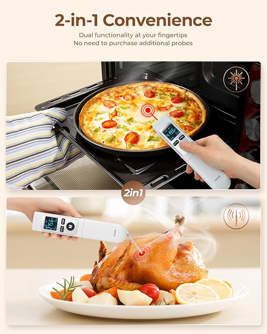 Infrared Thermometer Gun, Heat Temp Temperature Gun with Meat Probe 2-in-1, Digital IR Laser Thermometer Gun for Cooking, Pizza Oven, Meat, Griddle, Grill, HVAC