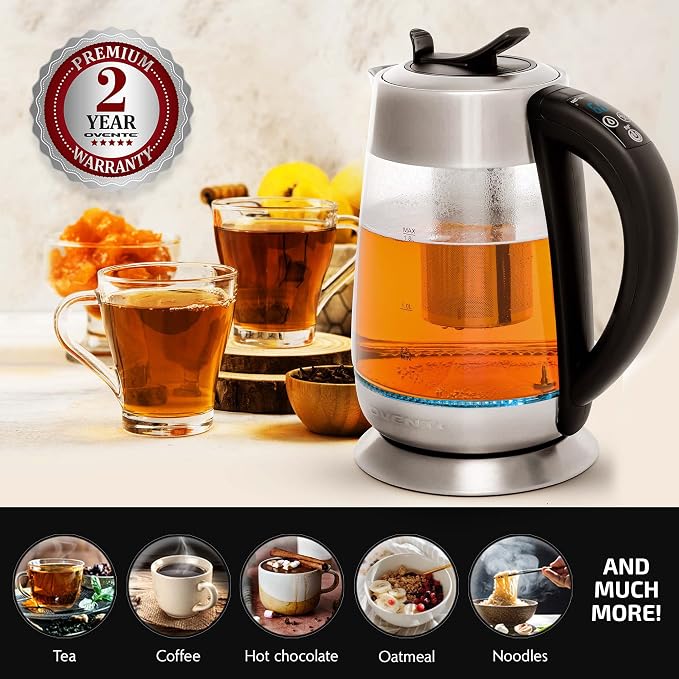 OVENTE 1.8L Glass Electric Kettle with Tea Infuser, Silver KG661S | 1500W Fast Boiling, Easy Fill Lid, 6 Temperature Control, Keep Warm, Digital Display, BPA-Free, Auto Shut-Off, 360° Base