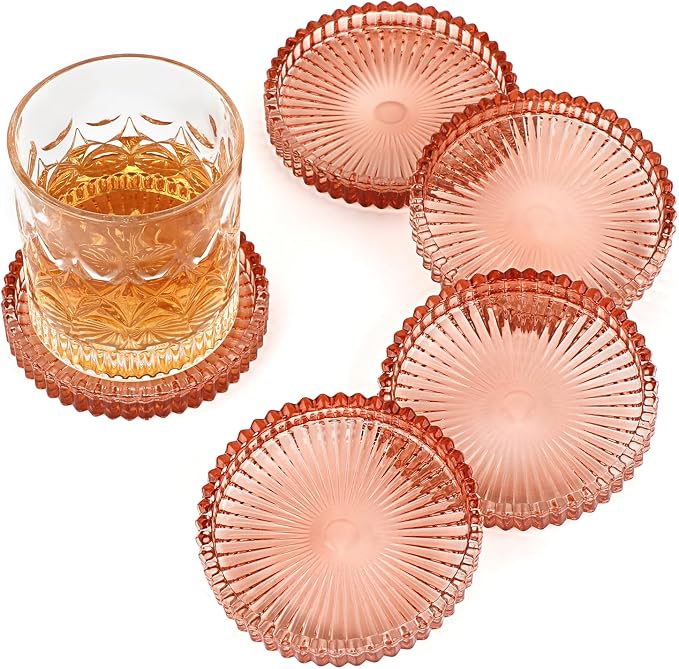 Modern Clear Coaster Set of 5- Glass Coasters for Drinks, Clear Red | Crystal Coasters Round Cup Mat Coffee Table Decor for Office, Kitchen, Bar, Dining Room, Living Room, Patio
