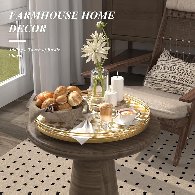 AMH 16-Inch Gold and White Checkerboard Lazy Susan with Rubberwood Base | Smooth rotating oak tray with walnut finish for dining tables, kitchen counters, pantries and cabinet storage.