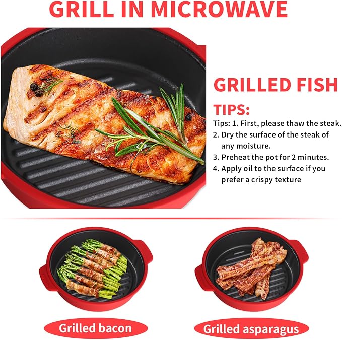 Microwave Grill Pan, Fry Griddle Crisper Pan with Lid for Grilling Browning and Crisping Foods Microwave Silicone Cookware for Baked Potato Meat Sandwich Vegetable Blue